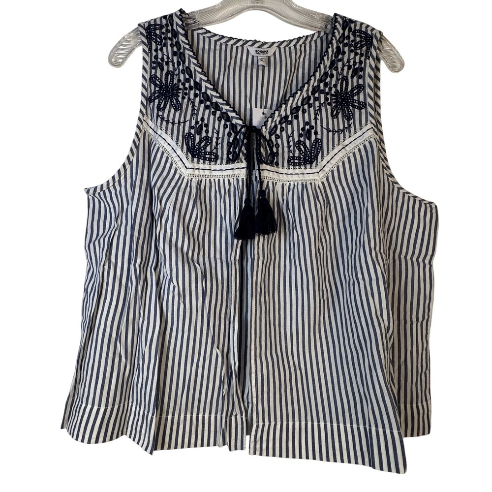 Sonoma Goods For Life Navy White Striped Seersucker Embroidered Top XL New